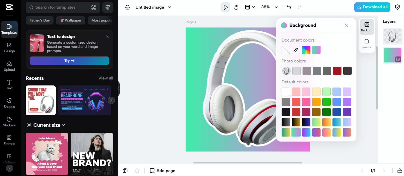 Editing a headphone product in CapCut for profitable eBay strategies with a gradient background and color options.